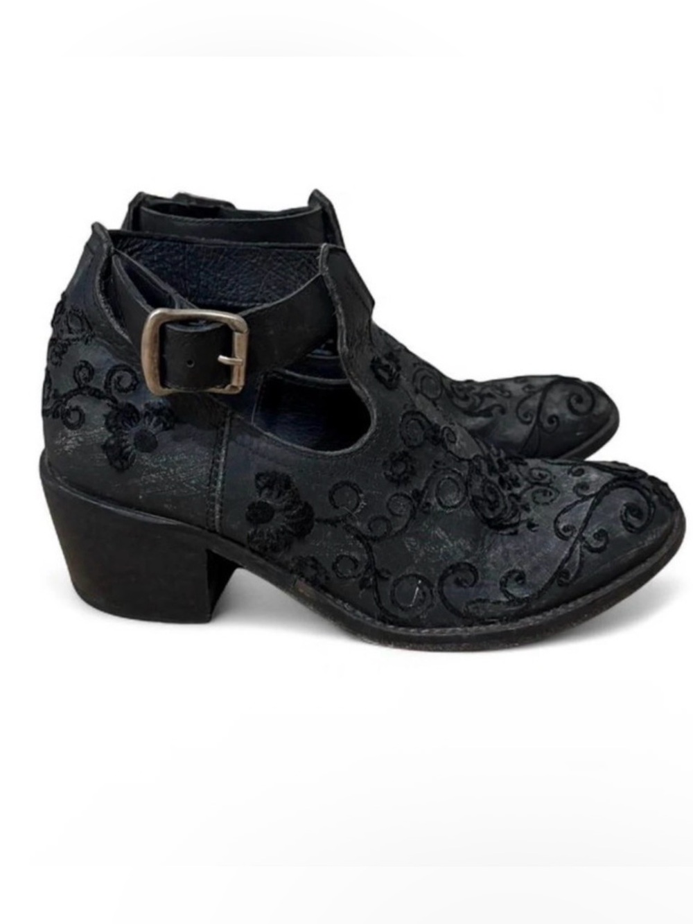 Free People x Farylrobin Lina Ankle Leather Booties Embroidered Black Sz 7 - Picture 4 of 8
